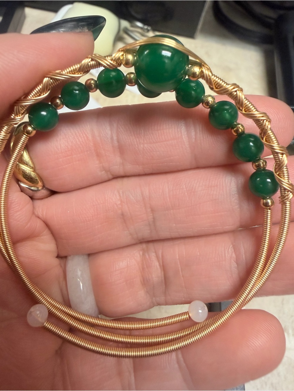 Gold Plated Silver Tone Wire Bangle with Green Bead Agate